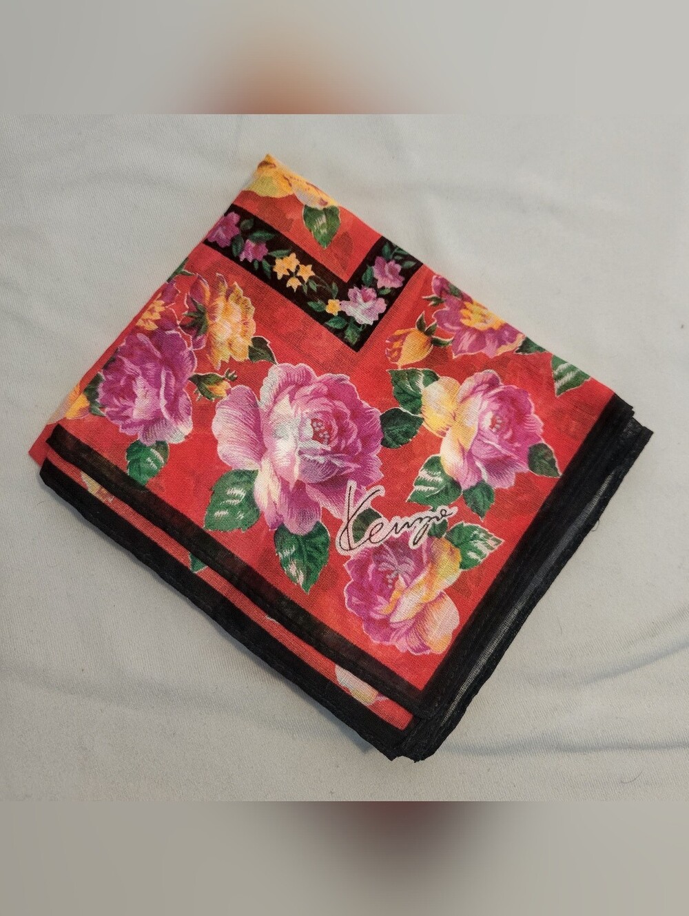Authentic Kenzo Red Floral Scarf with Pink & Yellow Roses